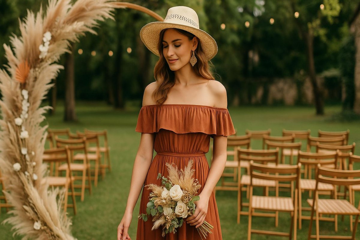 Earth tone boho wedding guest outfit