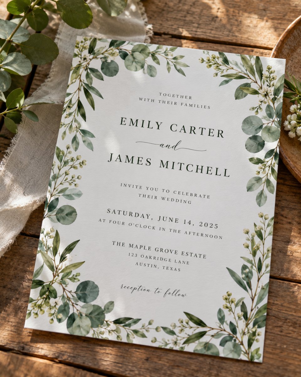 Elegant greenery wedding invitation card