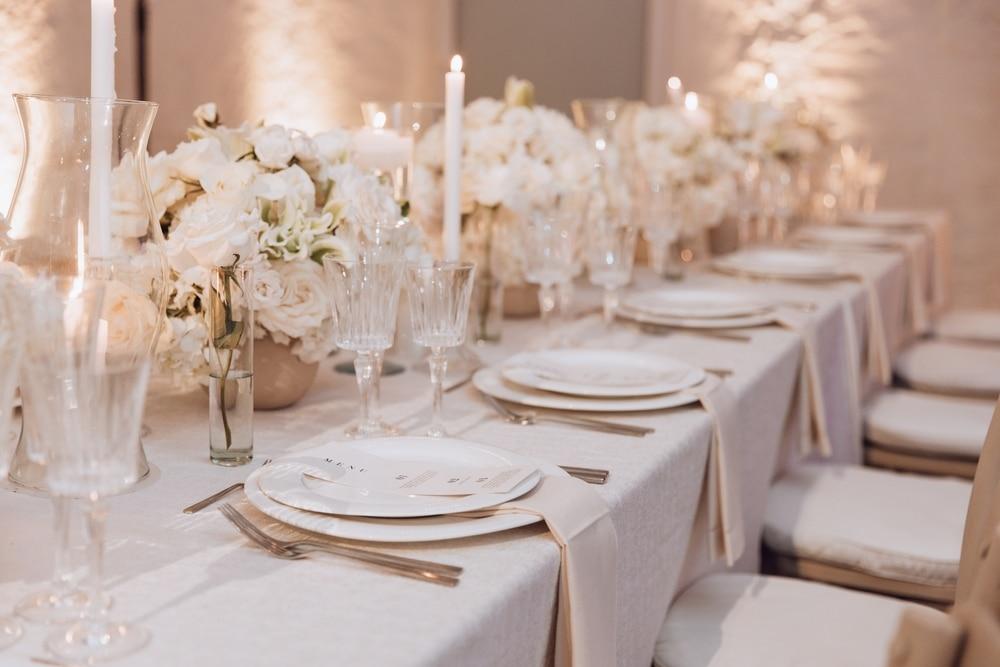 Elegant neutral tone micro wedding tablescape
