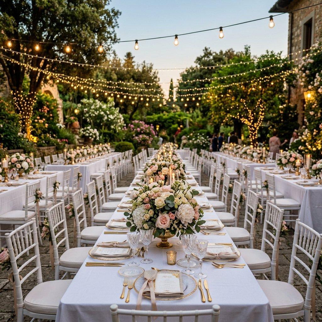 Outdoor dining table with floral garden centerpiece