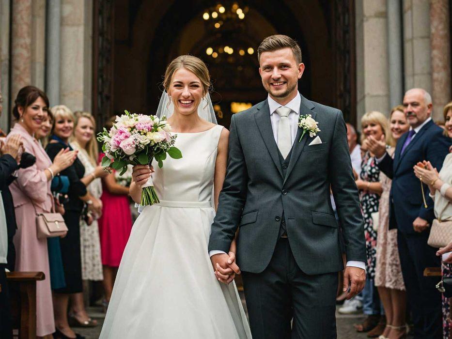 Husband and wife holding hands after ceremony