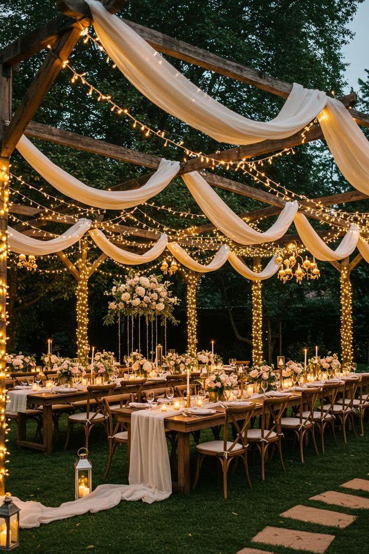 Fairy light canopy over outdoor wedding