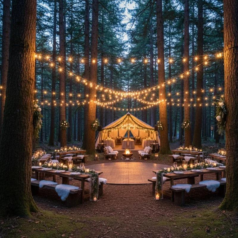 Fairy lights glowing in forest wedding decor