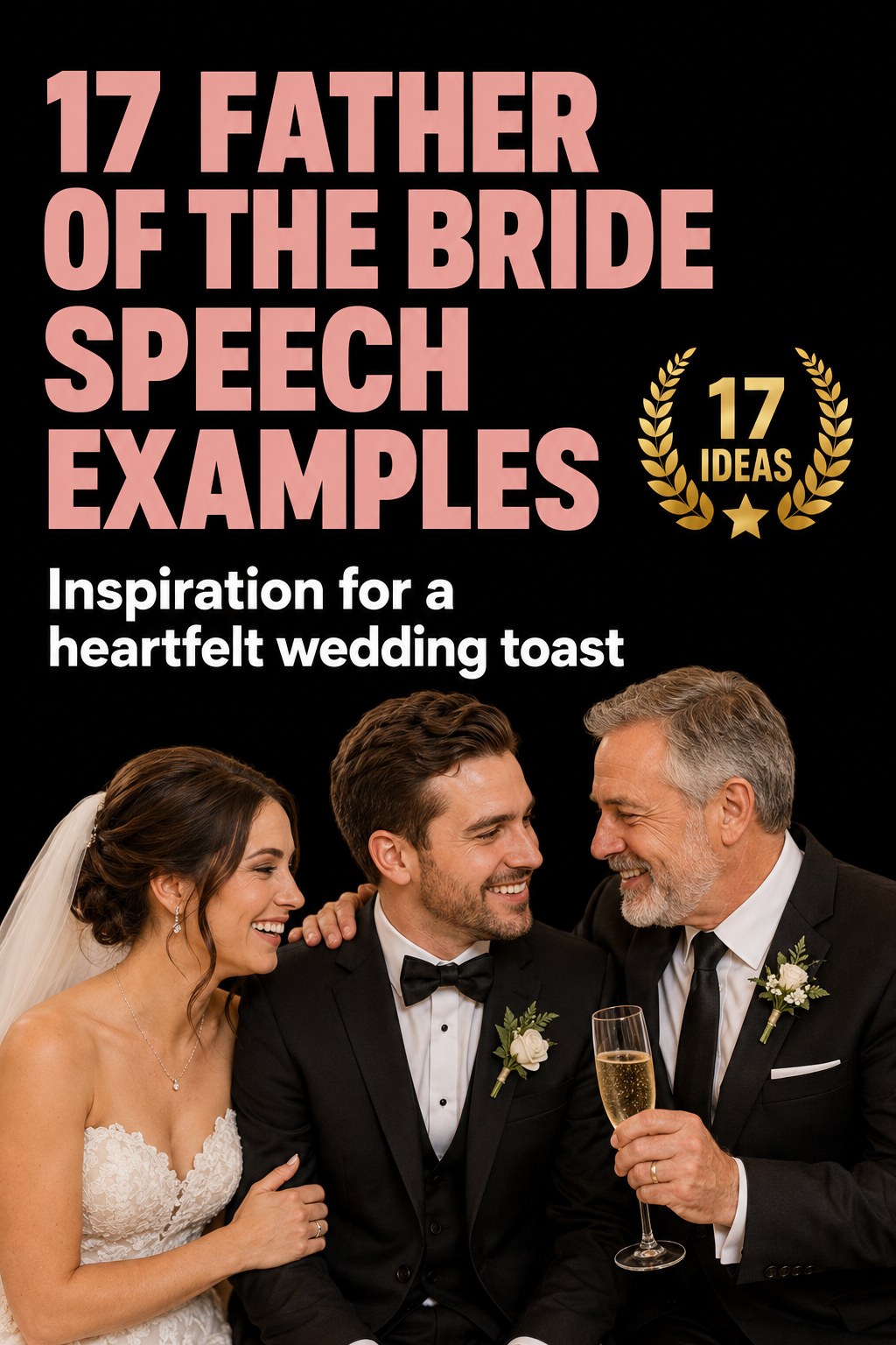 The main cover for 17 father of the bride speech examples, showing a bride, groom, and father toasting together
