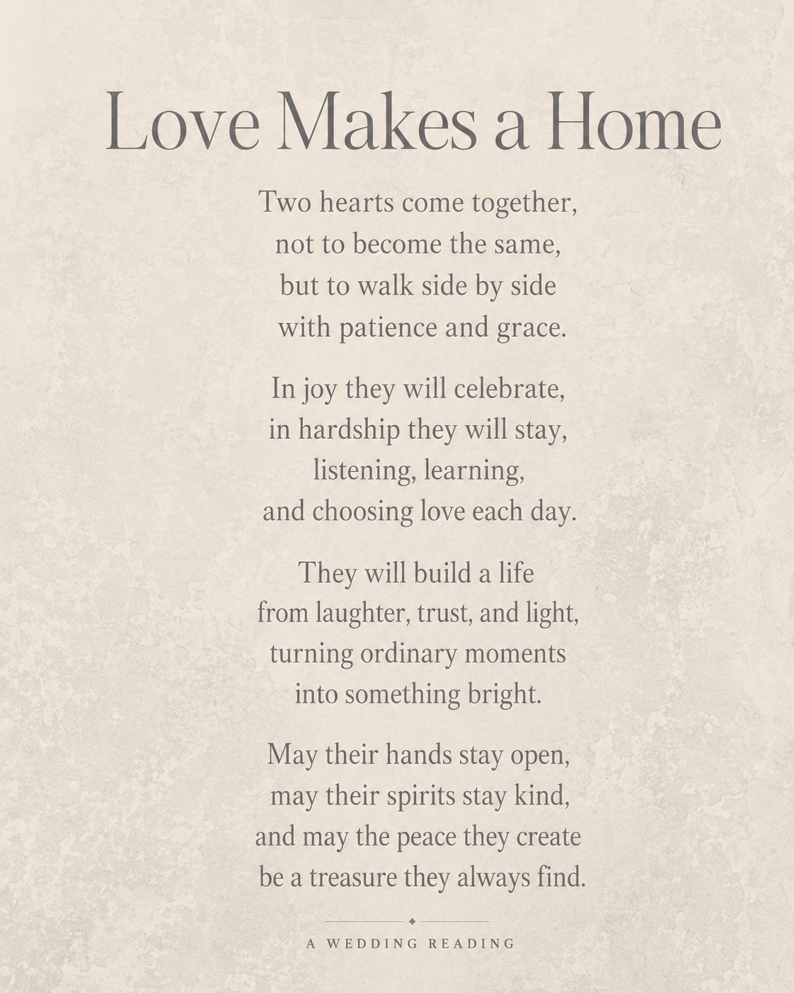 A printed wedding reading titled Love Makes a Home, an alternative to a freeform father of the bride speech