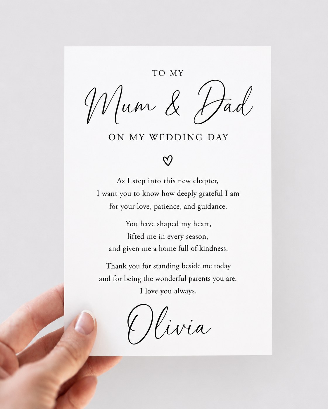 A wedding thank-you card addressed to Mum and Dad, offering a line fathers can use in a joint toast