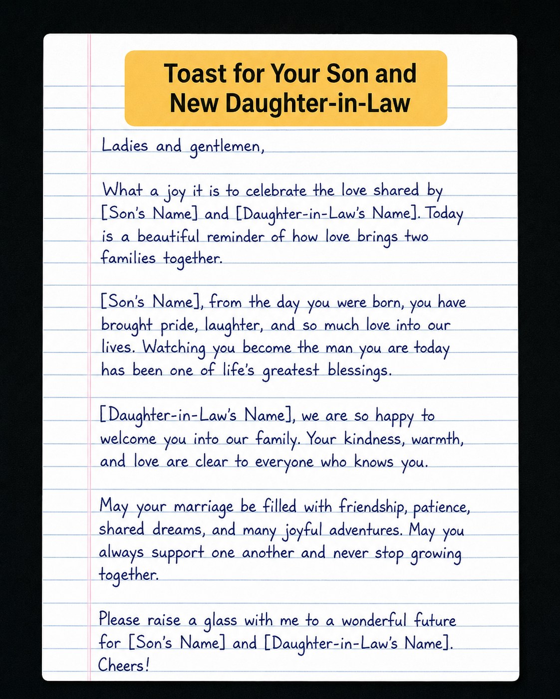 A printed toast template for a son and new daughter-in-law, a parallel format to a father of the bride speech