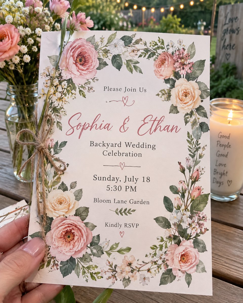 Floral backyard wedding invitation design