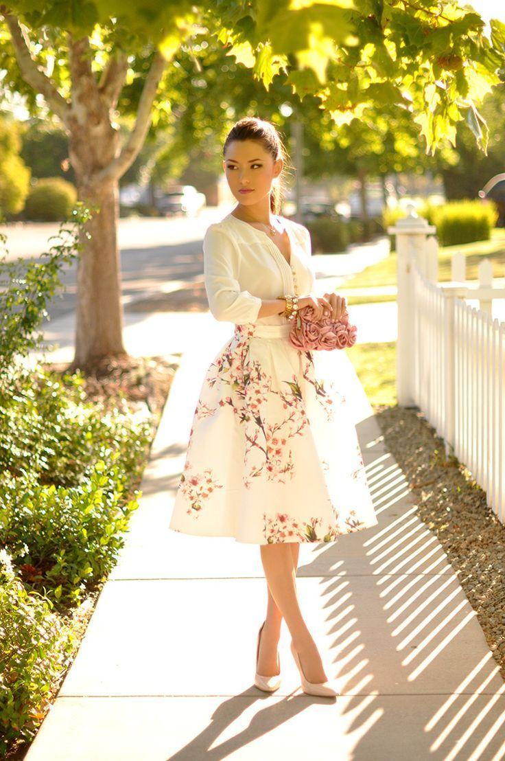 Floral skirt blouse wedding guest outfit