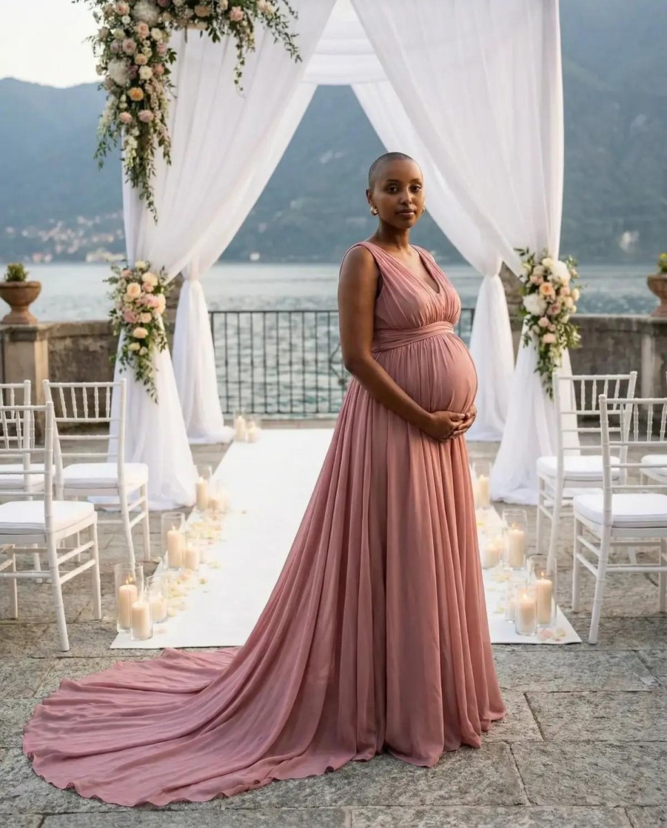 Pregnant woman in flowing maxi dress