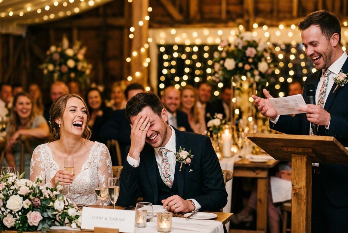 wedding reception guests laughing during speech