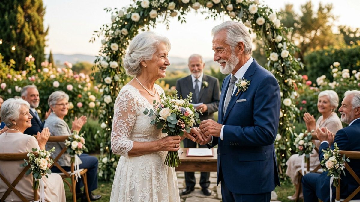 Mature couple laughing at wedding