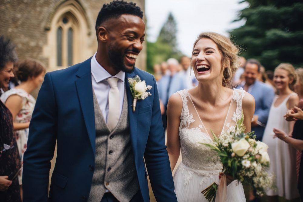 Newlywed couple laughing after ceremony