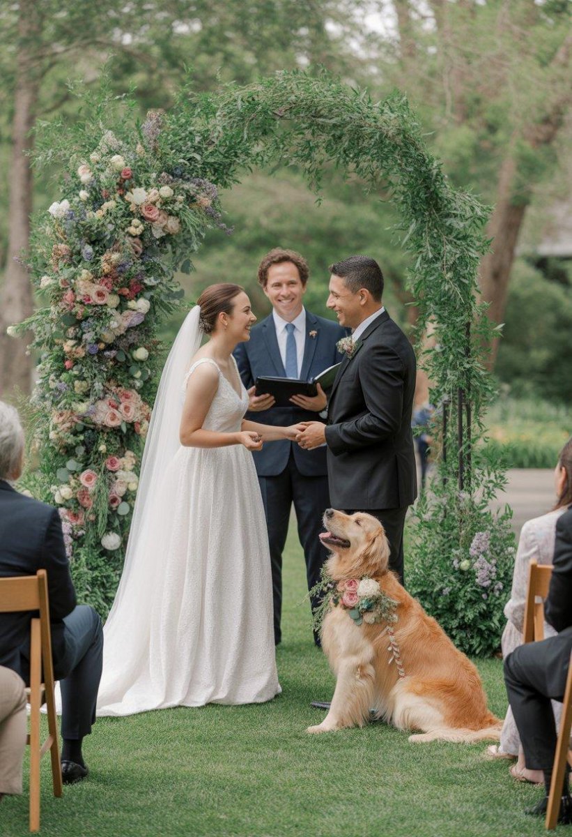 Wedding couple with dog pet