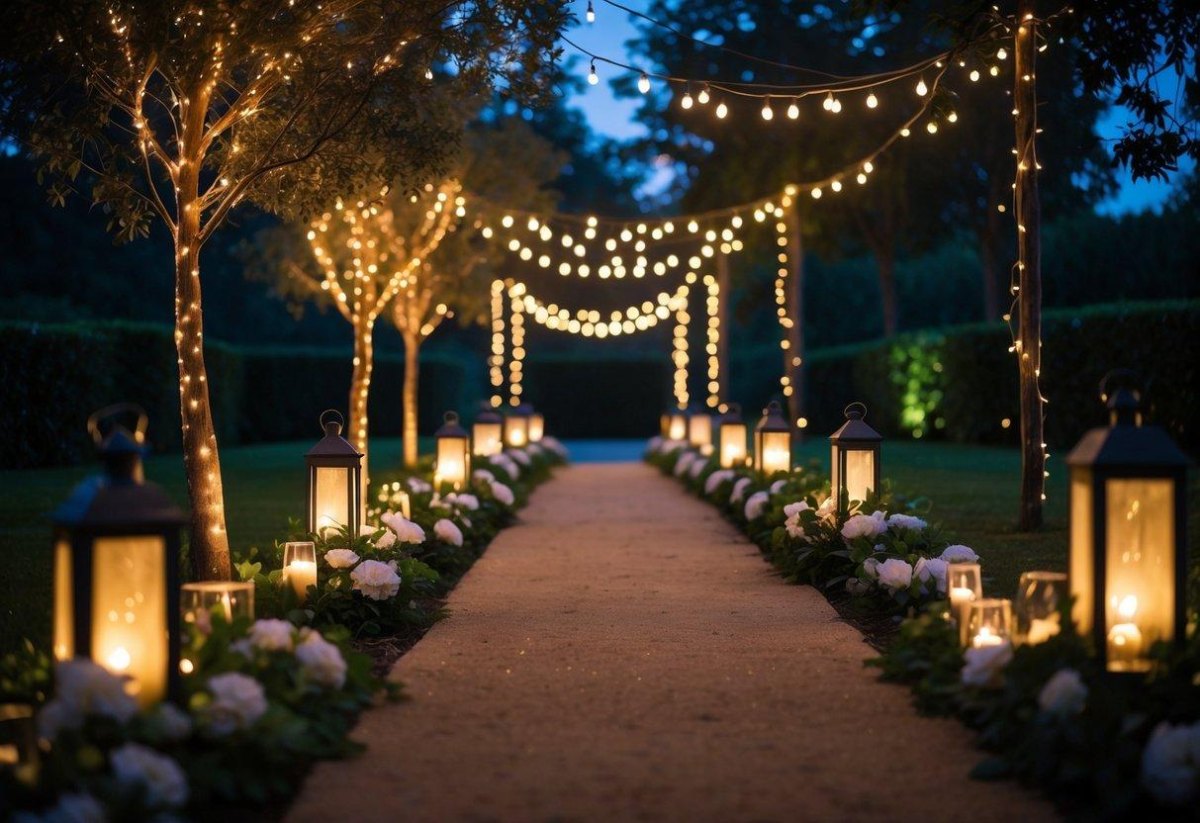 Lit pathway at evening garden reception