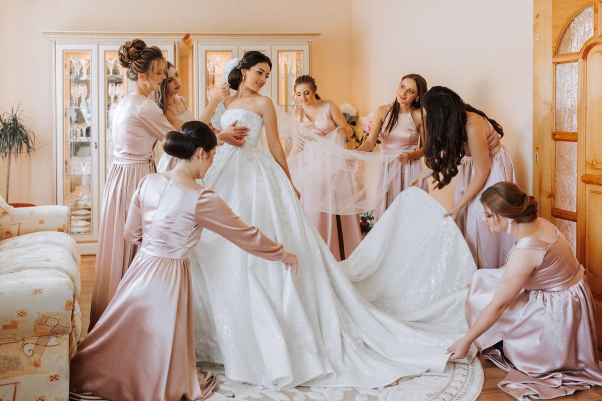 Bride and bridesmaids getting ready
