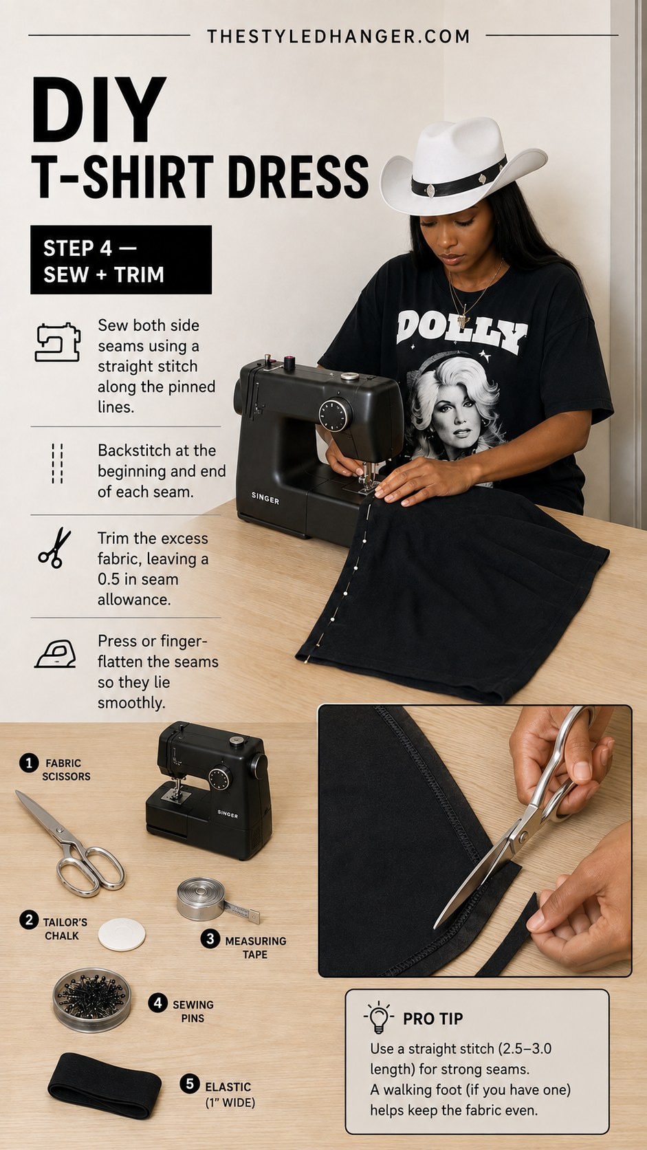 Sewing pinned side seams on a machine as part of a graphic tshirt dress DIY project.