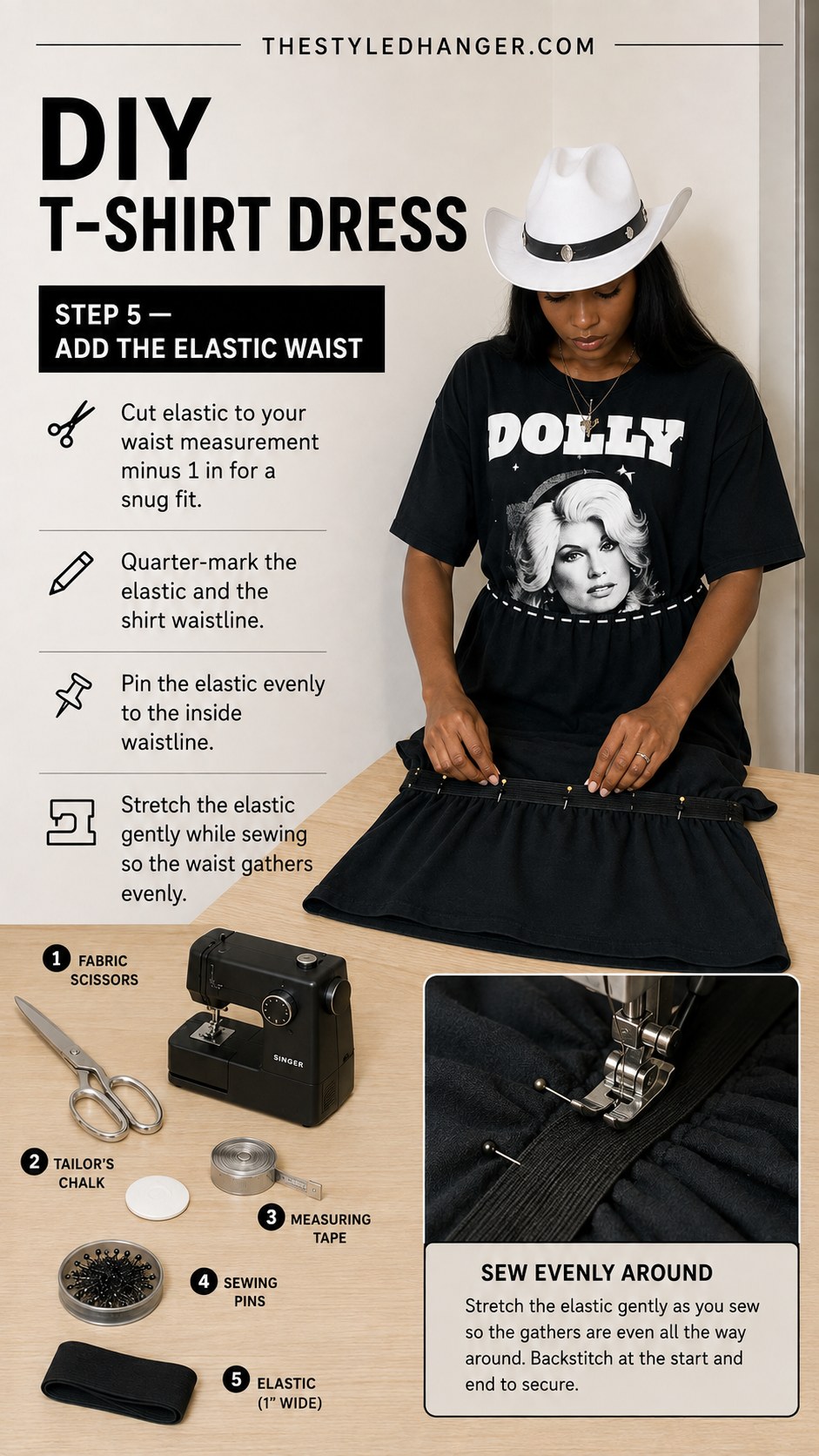 Pinning elastic evenly around the inside waistline to gather this graphic tshirt dress DIY.