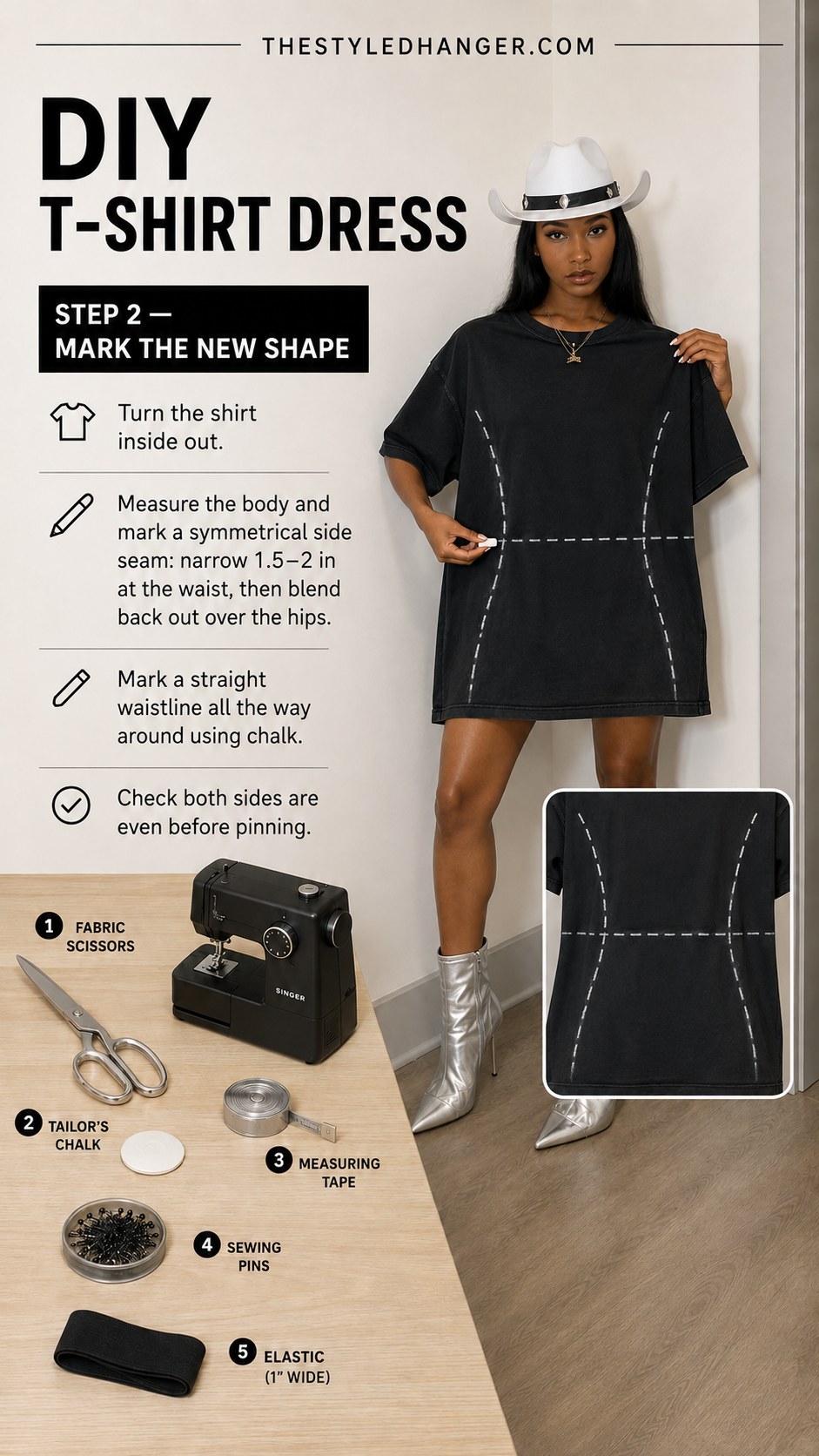 Chalk lines marking a fitted new silhouette on an inside-out tee during a t-shirt dress DIY.
