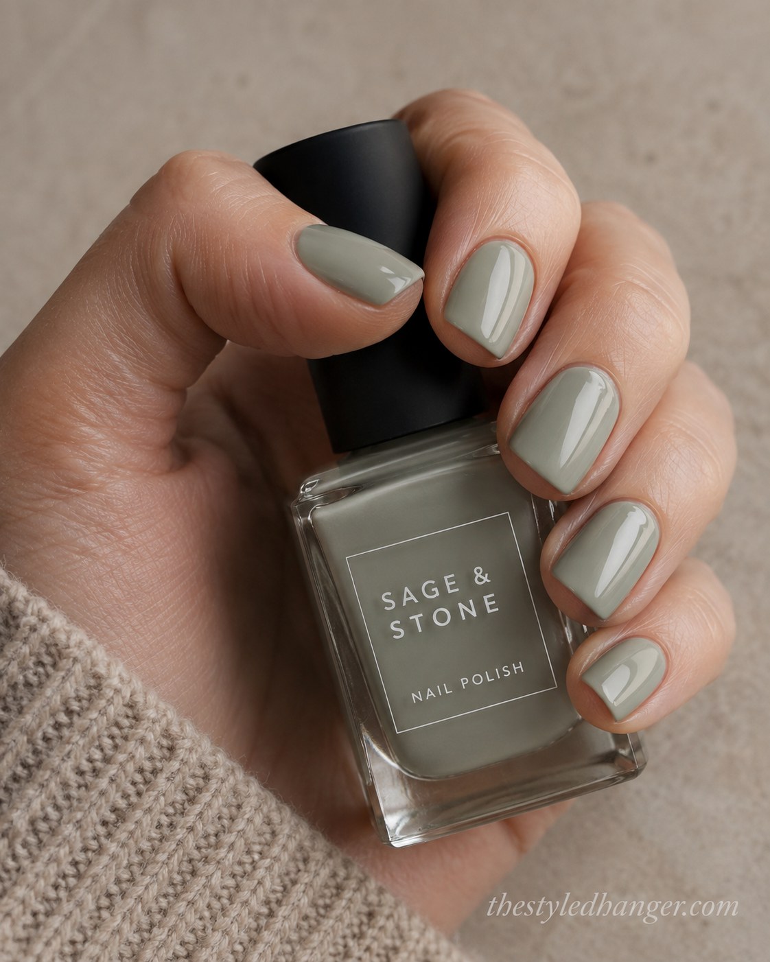 The Sage and Stone polish bottle shows an olive-gray green, a muted favorite among green nail shades.