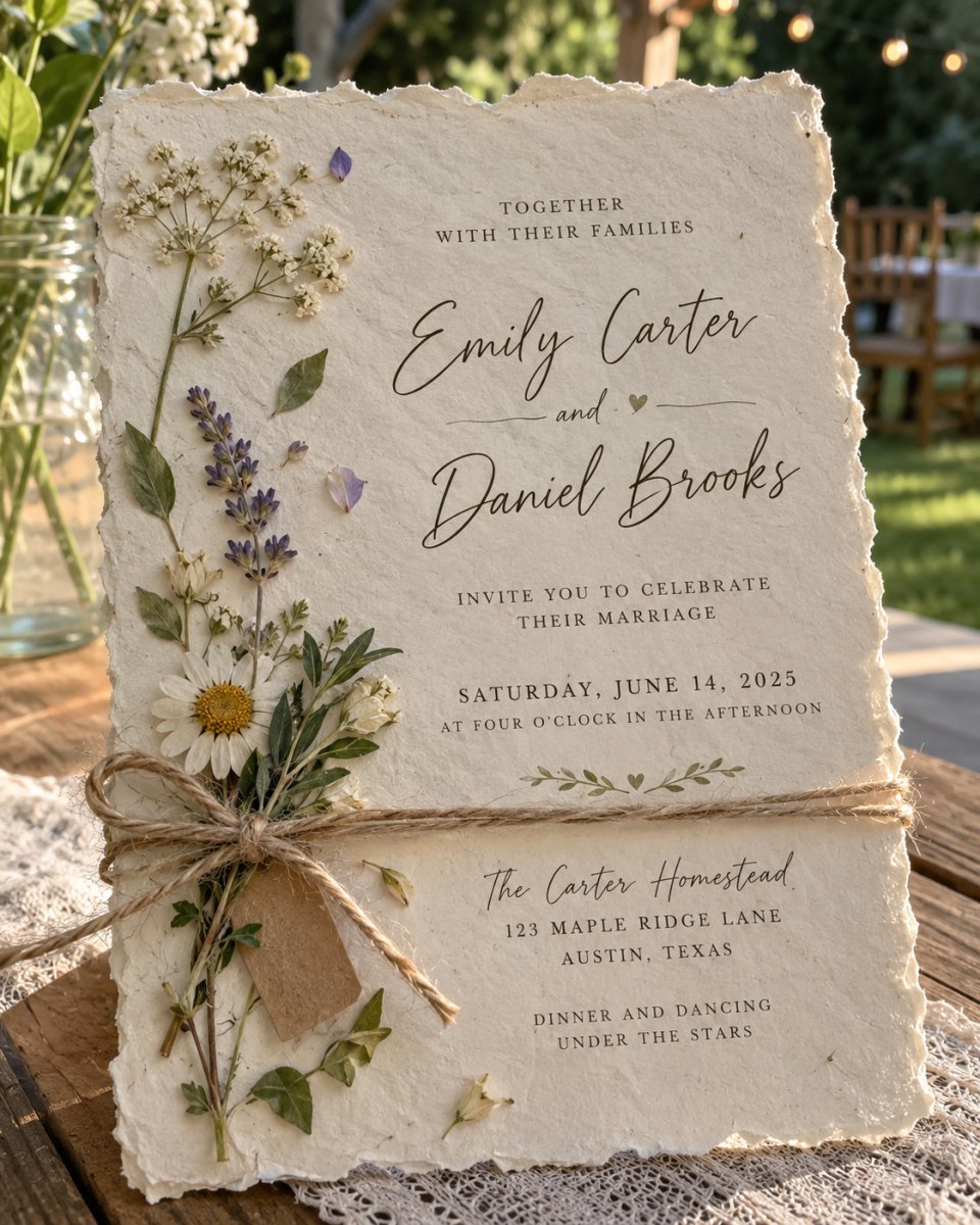 Handcrafted paper wedding invitation