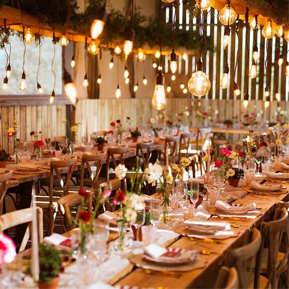 Hanging Edison bulbs at rustic wedding reception