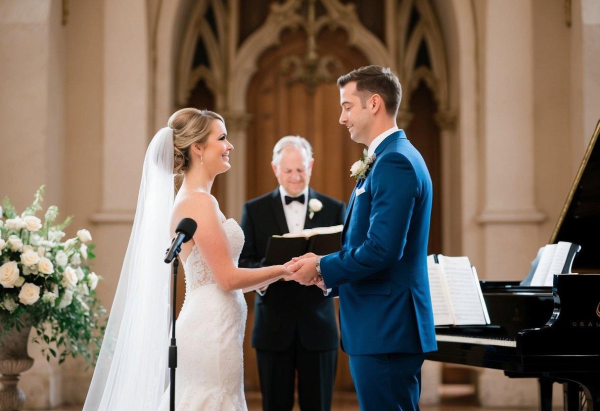 Couple holding hands at wedding
