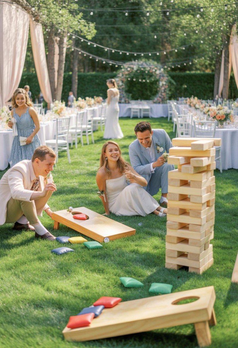Wedding guests playing outdoor reception games
