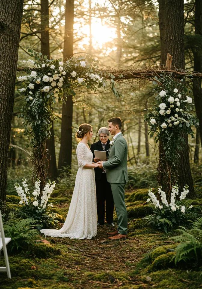 Couple exchanging vows in forest clearing