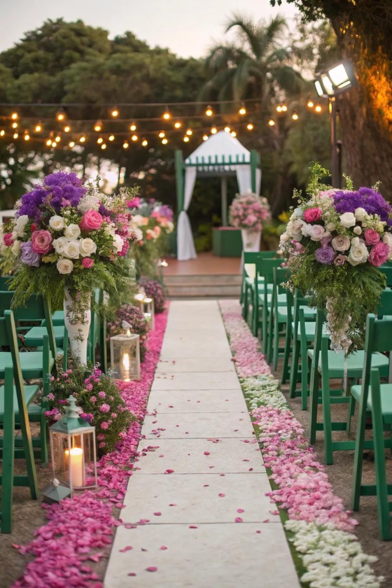 Jewel toned wedding aisle decor