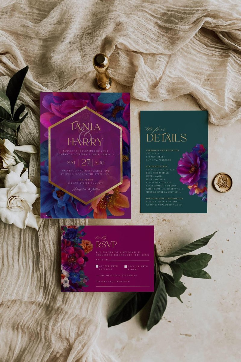 Jewel toned wedding invitation suite