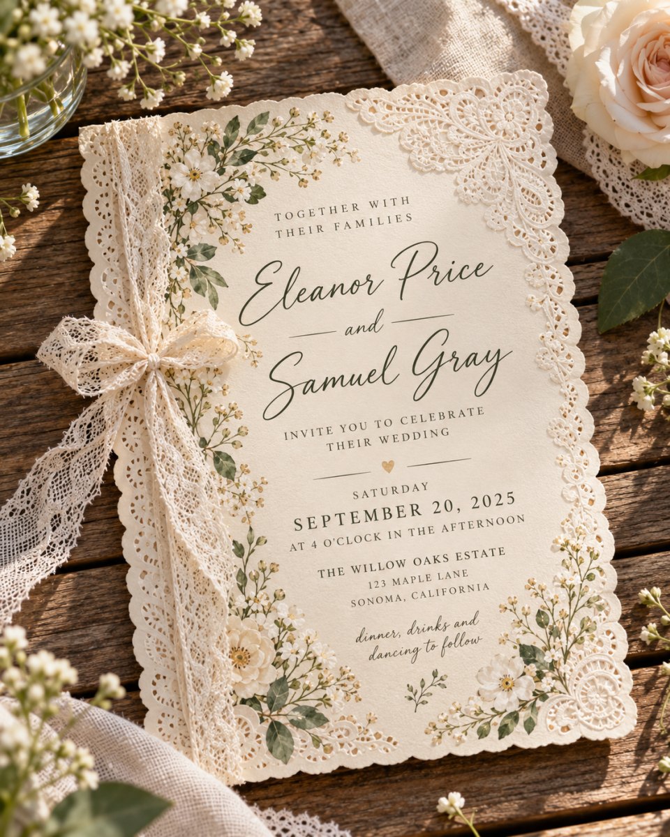 Lace detail wedding invitation card