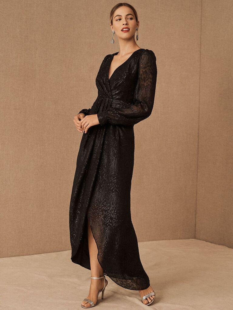 Long sleeve black wedding guest dress