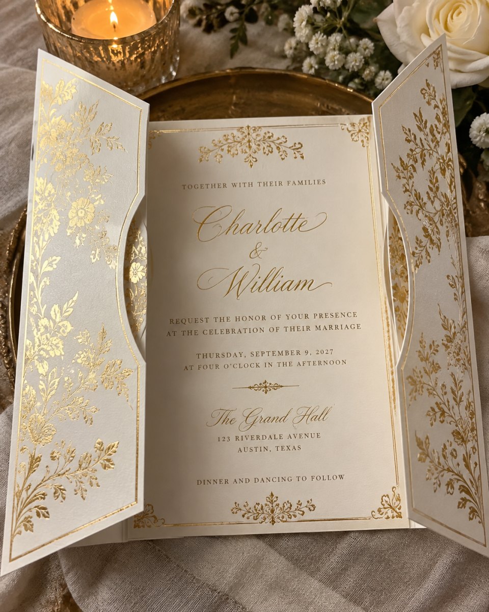Gold foil luxury gatefold wedding card
