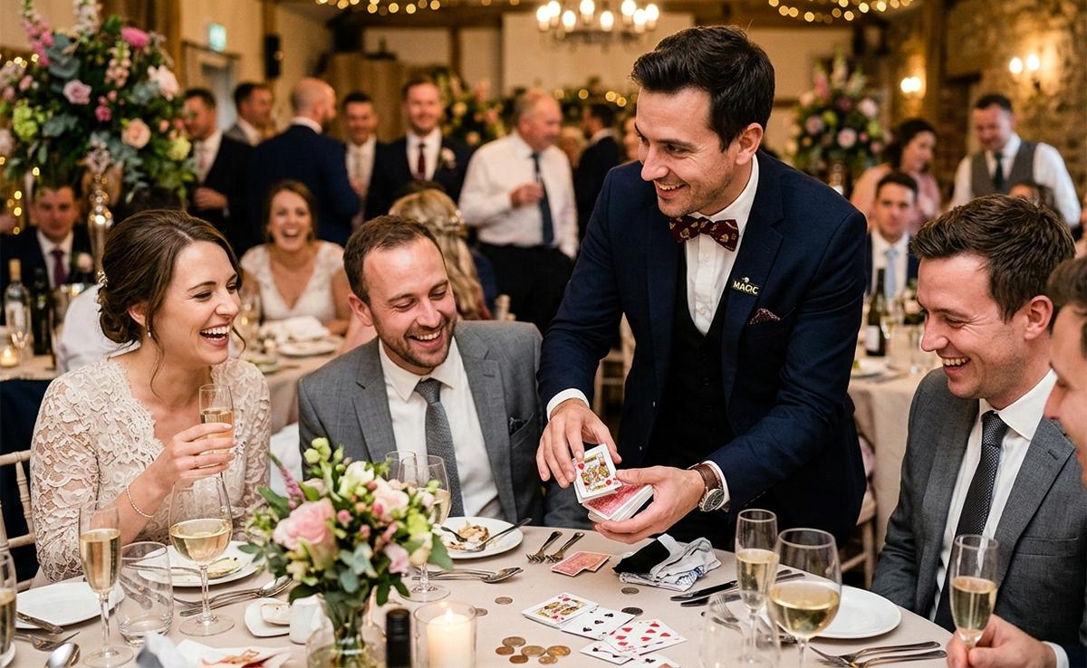 Magician entertaining wedding guests