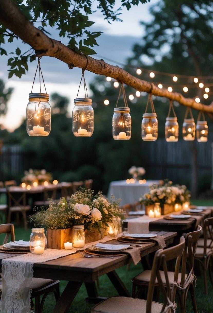 Mason jar lanterns glowing at farmhouse wedding
