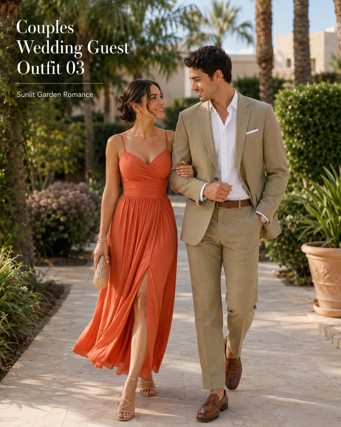 Matching couples wedding guest outfit combining a rust chiffon slip dress with a tan linen suit for a garden wedding