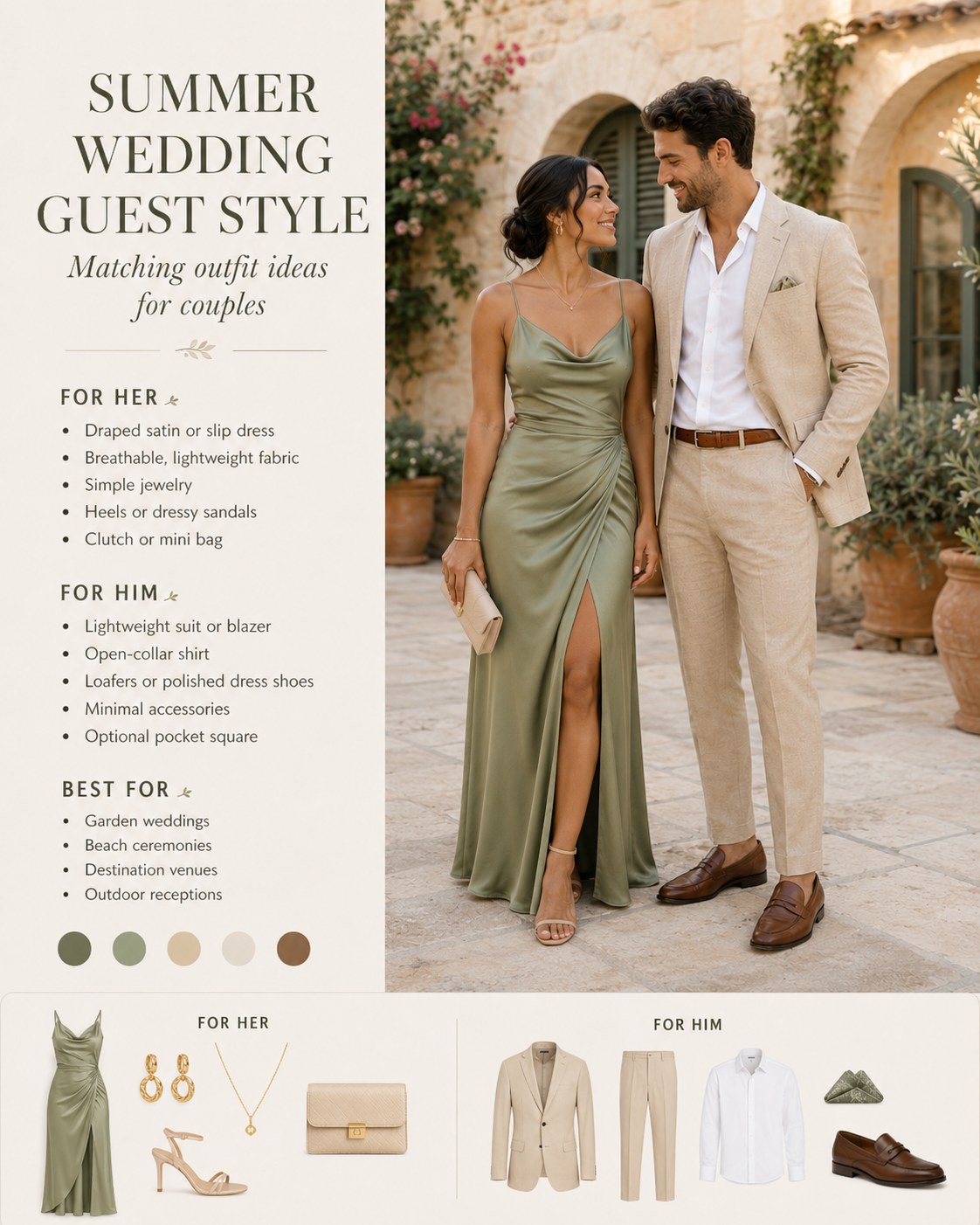 Matching couples wedding guest outfit guide showing a sage slip dress and tan suit with styling essentials listed