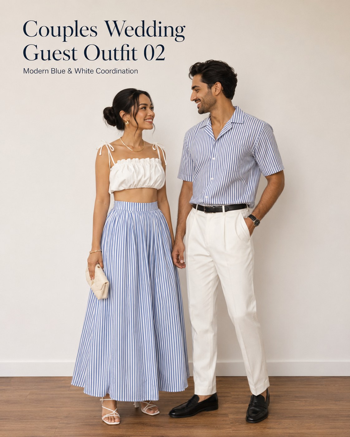 Matching couples wedding guest outfit pairing a striped shirt with a coordinating striped maxi skirt for daytime
