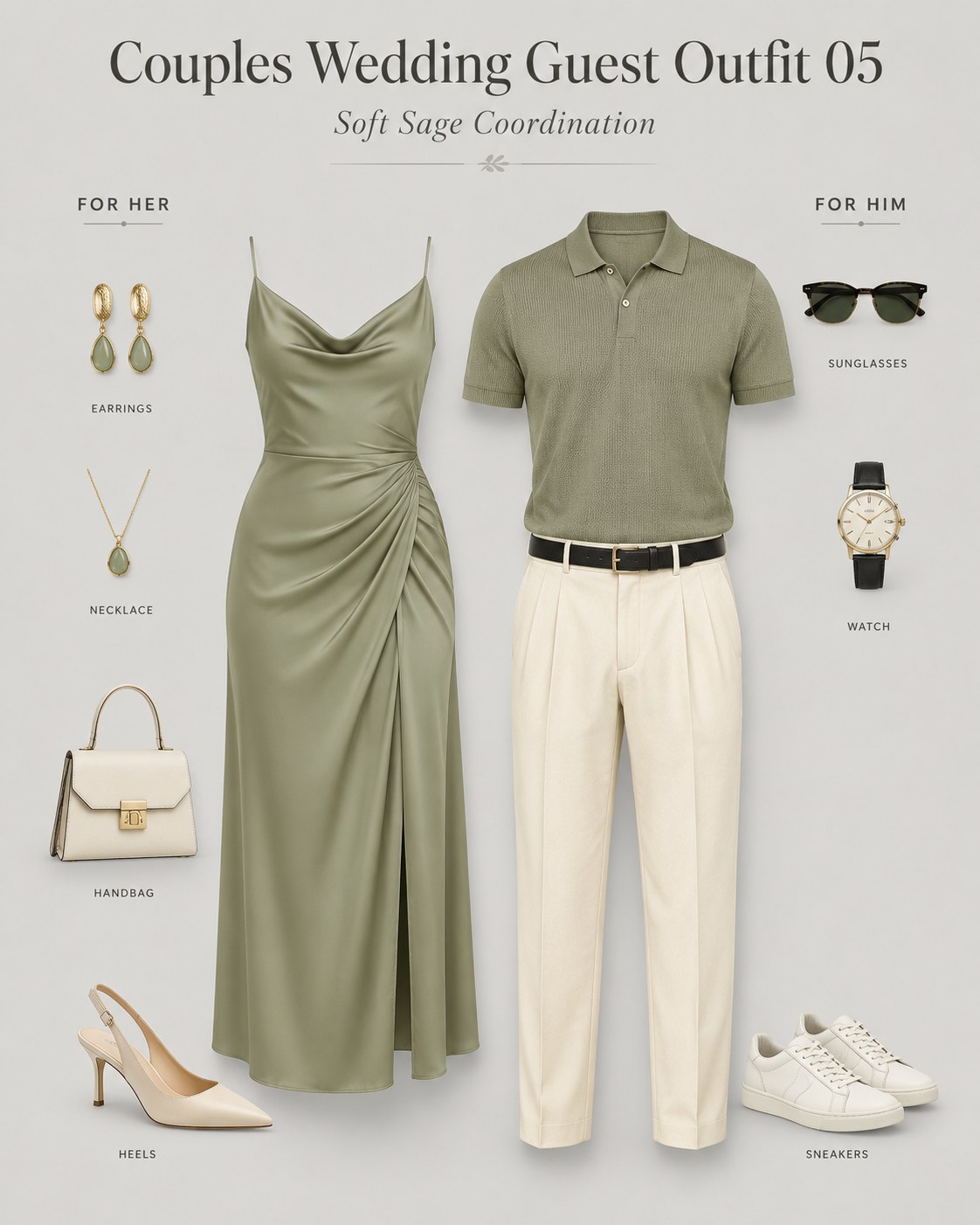 Matching couples wedding guest outfit in soft sage with a satin slip dress and a sage polo shirt for him