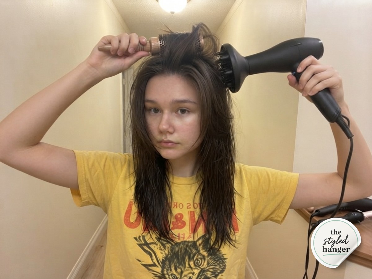 Round brush and diffuser lifting the crown roots for volume on a medium length wolf cut