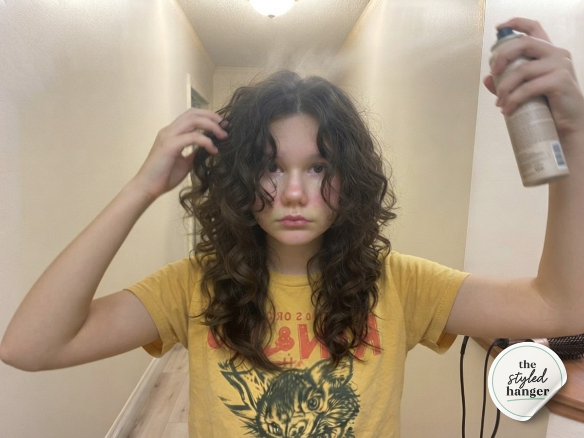 Raking fingers through curls and misting texturizing spray for a shaggy medium length wolf cut
