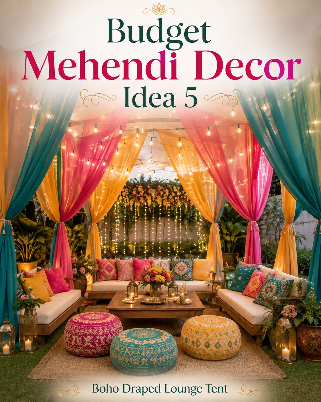Boho draped lounge tent in teal and mustard fabric, a budget mehendi decor idea for outdoor seating