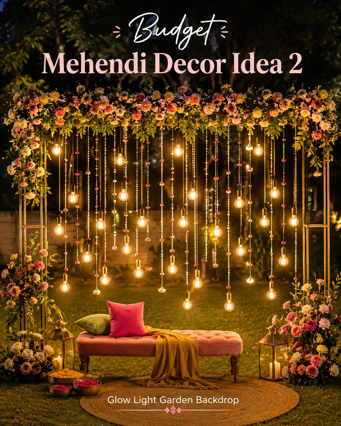 Glow light garden backdrop showing budget mehendi decor with warm string lights over a pink bench