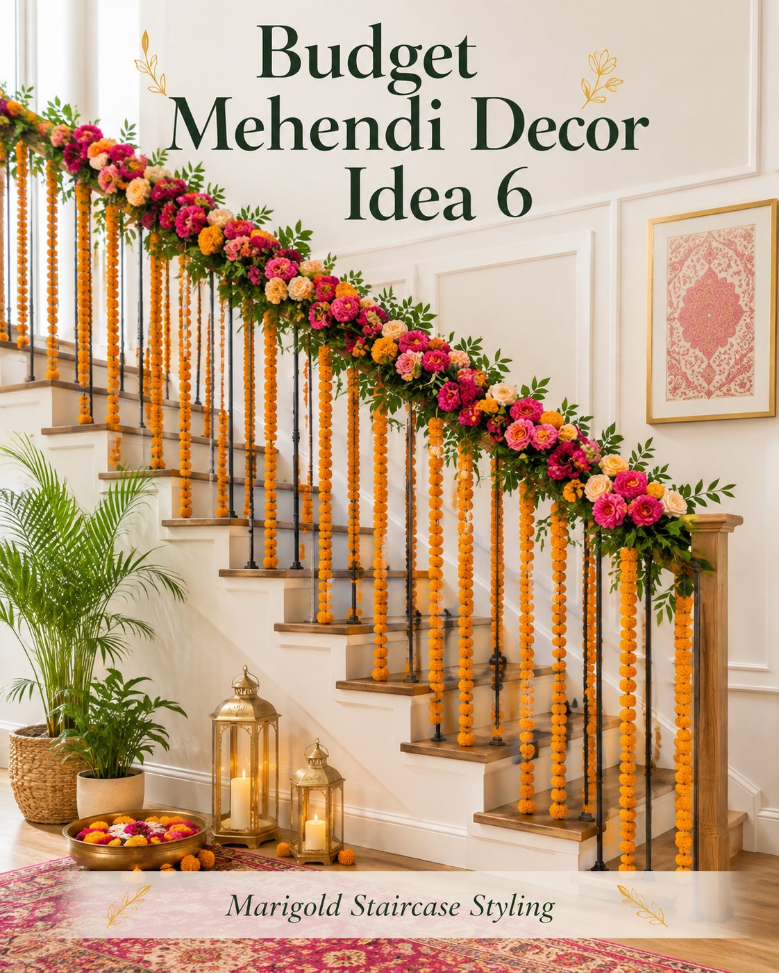 Marigold and rose garland styled along a staircase railing, a low-cost budget mehendi decor idea