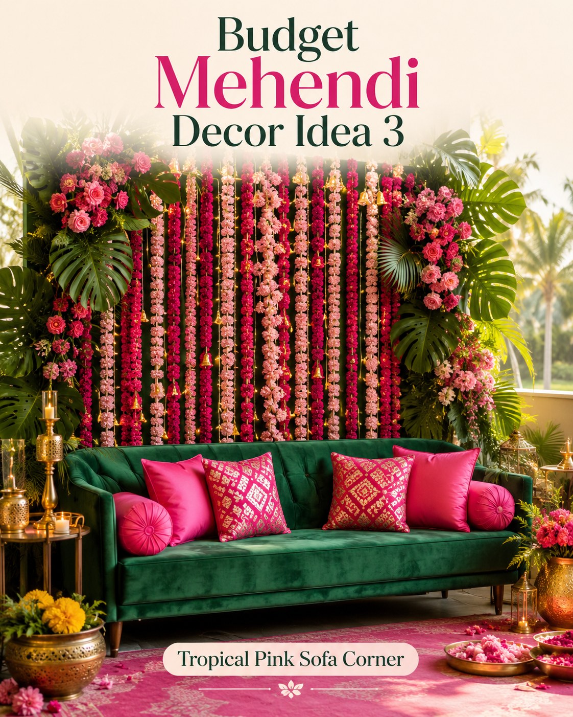 Tropical pink sofa corner with garland strands, a budget mehendi decor idea using a bold jewel-tone sofa