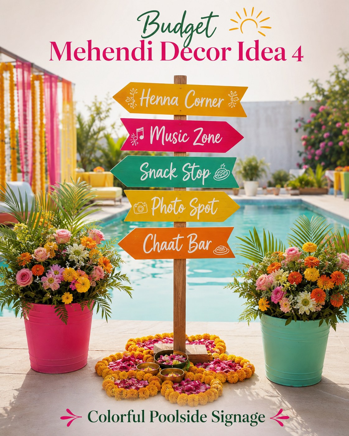 Colorful poolside directional signage, a budget mehendi decor idea marking henna, music, and snack zones