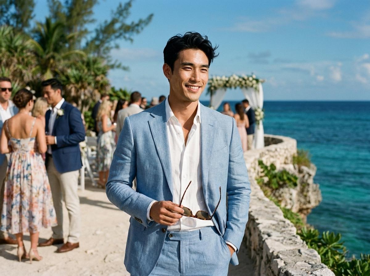 Man wearing linen suit at beach wedding