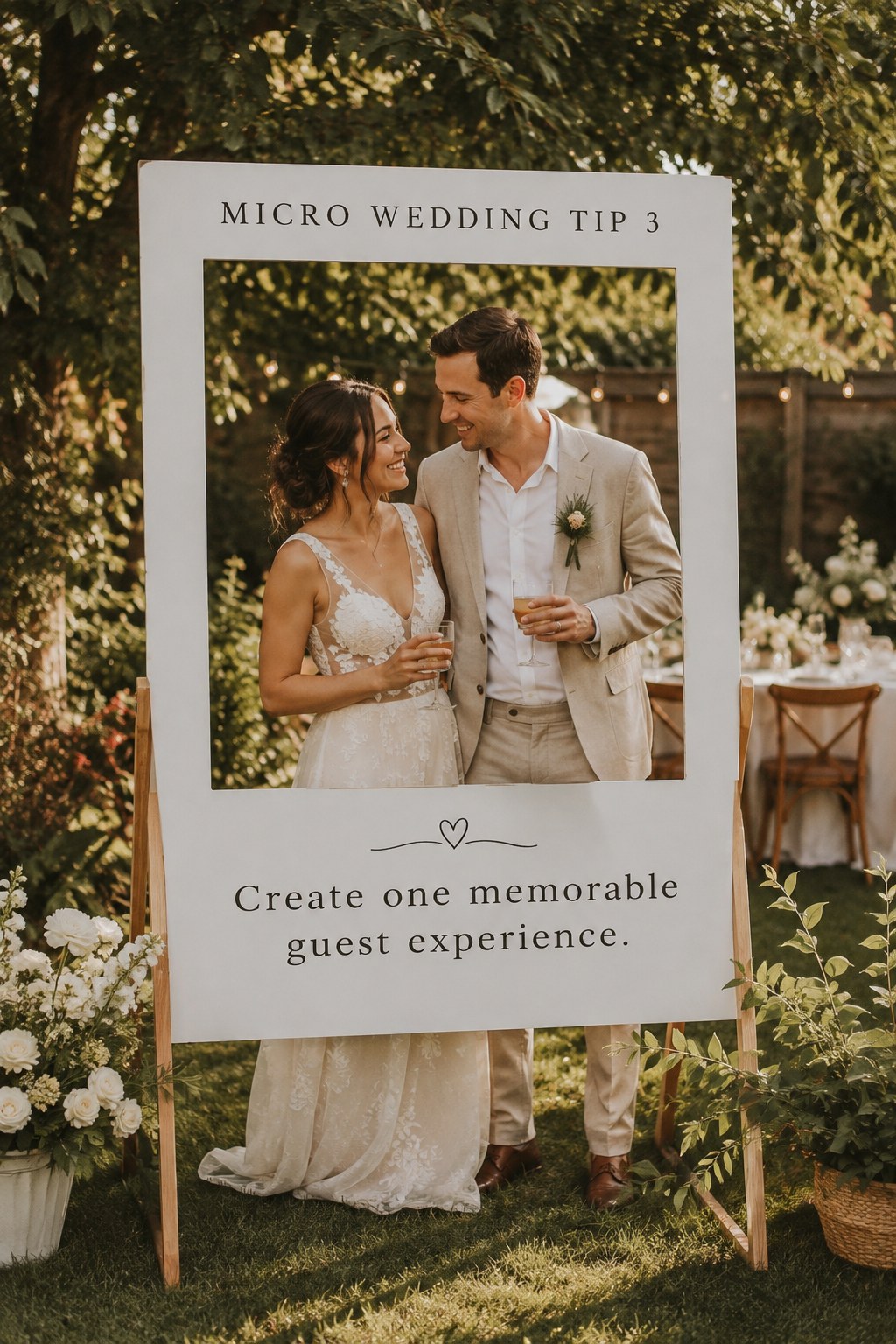 Bride and groom framed in a photo booth sign reading create one memorable guest experience