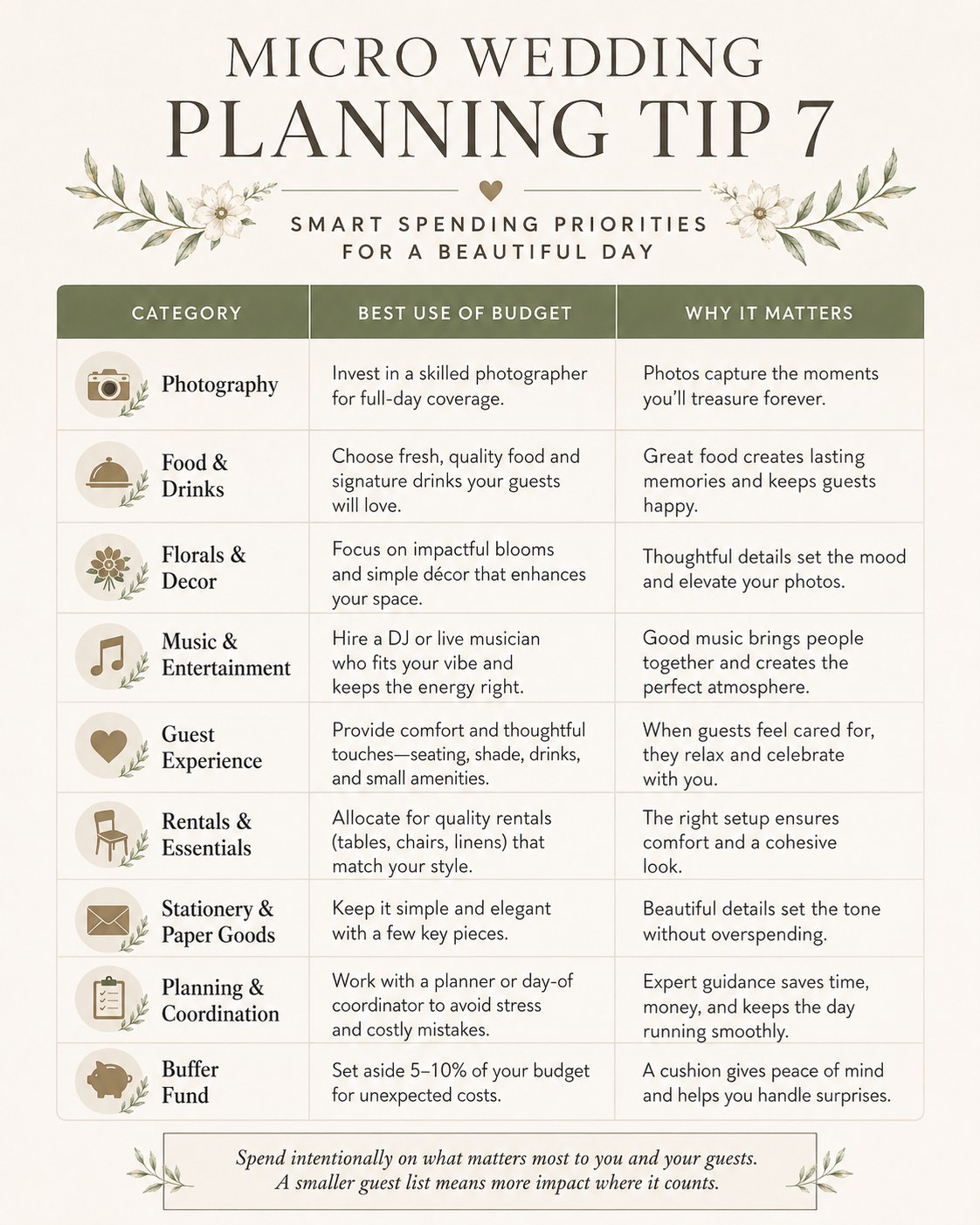 Table comparing smart budget spending priorities for a micro wedding across photography and decor